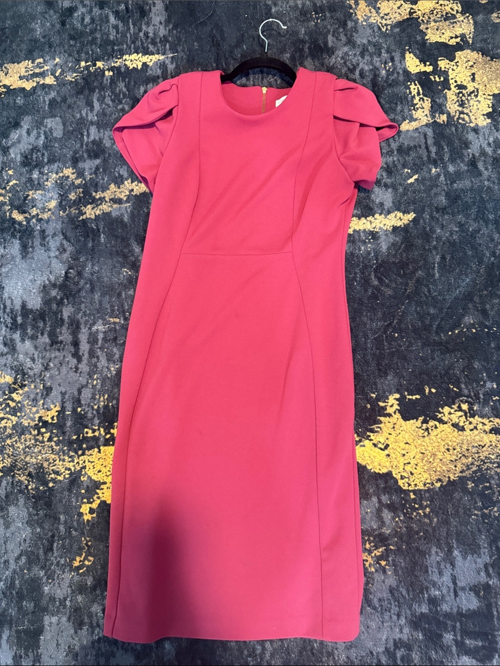 Calvin Klein Rose Pink Midi Dress with Folded Puff Sleeves
